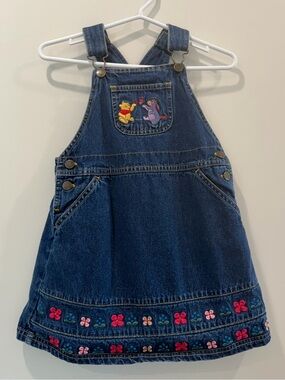 Vintage Winnie The Pooh & Eeyore Denim Overalls Dress Girls Embroidered